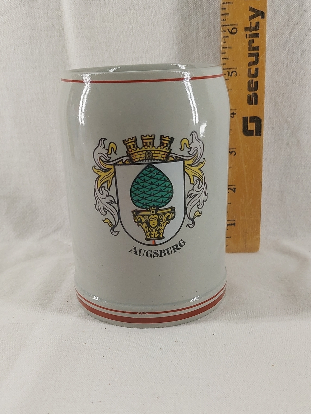 Augsburg Crest Ceramic Beer Stein - Light Gray with Green Accent